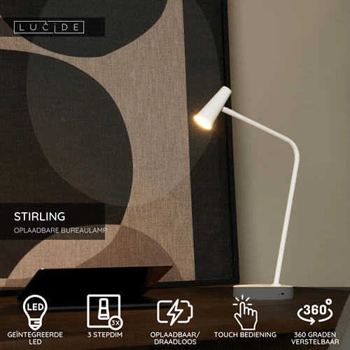 Lucide STIRLING - Oplaadbare Bureaulamp - Accu/Batterij - LED 3 StepDim - 1x3W 2700K - Wit - USP